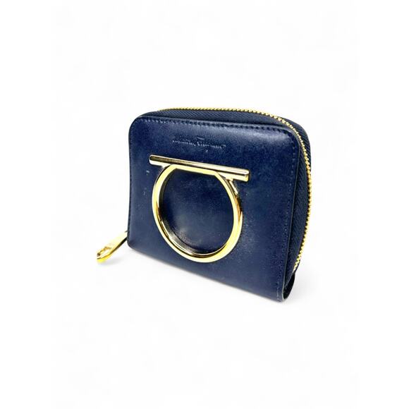 Salvatore Ferragamo Compact Gancini Leather Navy Blue Zip Around Wallet - Picture 5 of 7